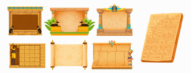 Arcade game frames, ancient Egypt. Vintage Egyptian stone wall and papyrus. Cartoon vector rock textures, gods and hieroglyphs. Set of gui or ui elements for antique civilization quiz or puzzle game