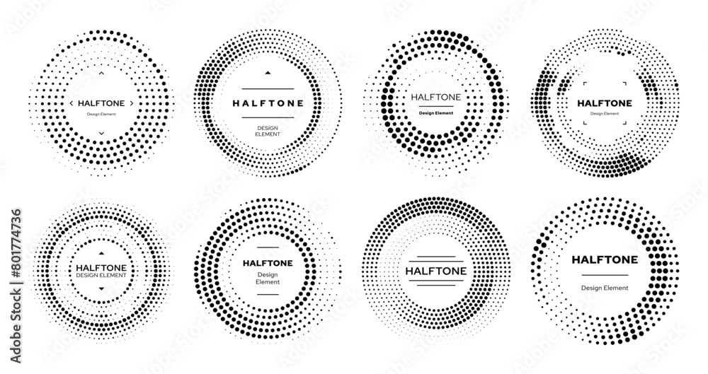 Aufkleber Circle half tone or round dots halftone elements with pattern background, abstract vector. Halftone circles for graphic design elements with black dots in geometric half tone gradation or round frames