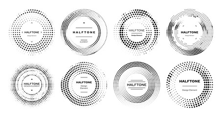 Circle half tone or round dots halftone elements with pattern background, abstract vector. Halftone circles for graphic design elements with black dots in geometric half tone gradation or round frames