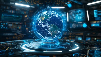 Obraz premium Virtual Reality Interface with Holographic Globe, Interactive Earth Sciences Tool