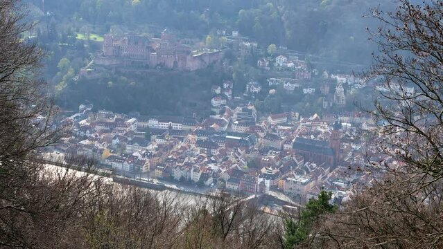 Heidelberg city and castle ruins. Forest viewpoint of German old town along river Neckar