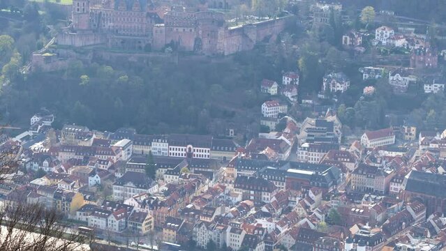View of Heidelberg Palace ruins and old town. Historic castle and city in Germany