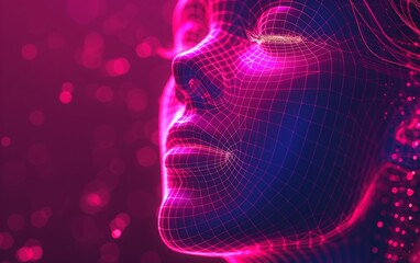 illustration of a grid-style depiction of a human face showcasing the concept of artificial intelligence in the digital technology realm.