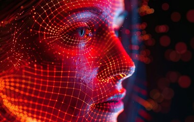  illustration of a grid-style depiction of a human face showcasing the concept of artificial intelligence in the digital technology realm.
