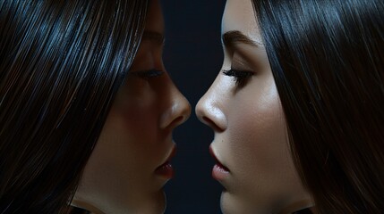 Woman with sleek, straight hair, her reflection mirroring her, emphasizing contemporary beauty standards and the importance of hair care.