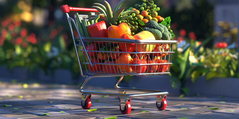 Shopping trolley full of vegetables and fruits with a blurred supermarket background