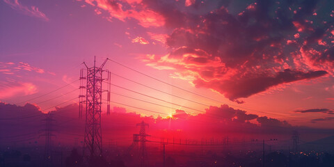As the sun dips below the horizon the silhouette of a high voltage electric tower