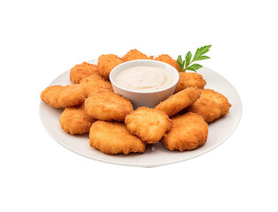 A plate of chicken nuggets with a side of dipping sauce, presented neatly, isolated on a transparent background. Generative AI