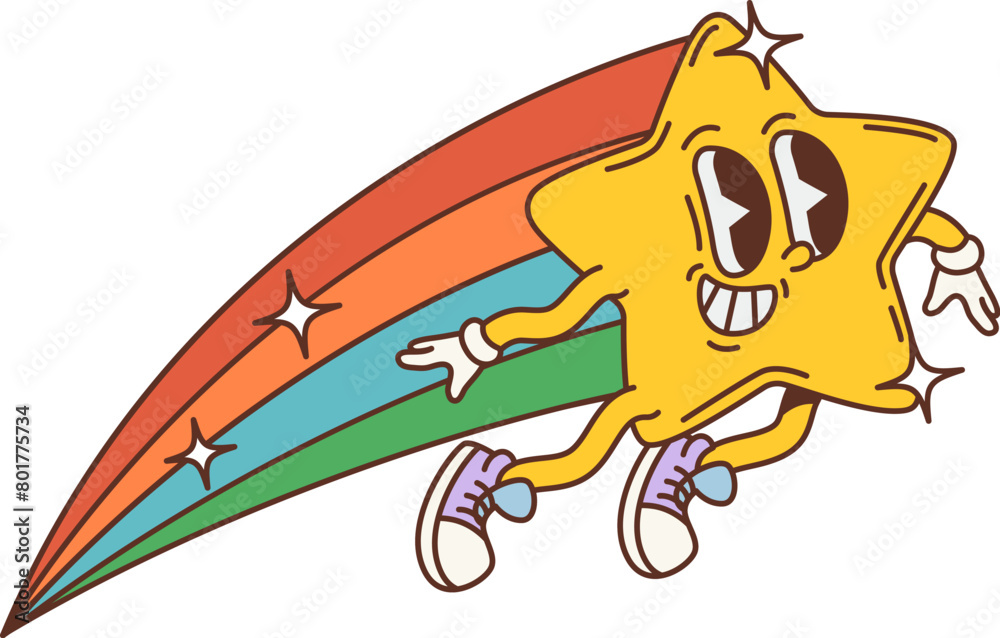 Aufkleber cartoon retro shooting star groovy character. isolated vector cute and funny twinkle personage with 