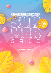 The design for the summer sale features a paper-cut tropical background in bright colors. Combining the concept of tropical leaves and discount vouchers. Vector illustration template.