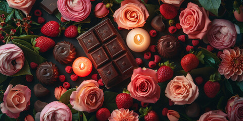 Flowers and chocolates on the dark background