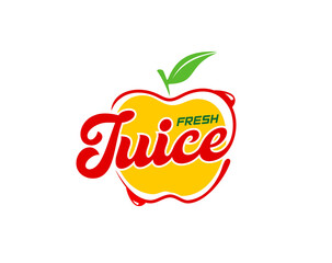 Apple juice icon, fresh fruit drink label. Ripe yellow apple fruit isolated vector symbol with juicy drops and green leaf. Natural juice, summer fruity cocktail or vitamin smoothie beverage sign