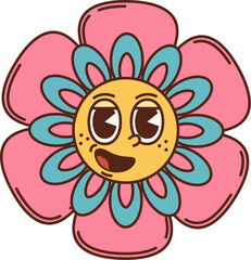 Cartoon retro groovy flower. Isolated vector vibrant, psychedelic daisy featuring vintage-styled swirling and colorful petals. Pink summer garden bloom evoking the spirit of 60s and 70s counterculture