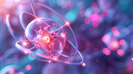 Abstract neon-lit atom model with glowing electrons in a dynamic arrangement