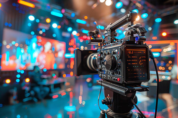 A professional camera capturing a lively broadcast on a colorful studio set during a dynamic television show recording