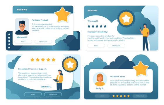 Testimony review templates of customer feedback and opinion message with rating stars, vector layouts. Client testimony or experience review message with citation frames for social media or website