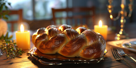 Challah bread covered with a special napkin shabbat and candles on white background