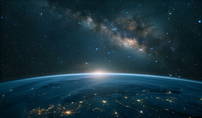 Fototapeta premium The horizon of the Earth floating in space shines in the darkness