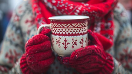 A person wearing red knitted gloves holding a ceramic mug with festive patterns against a blurred wintery background.