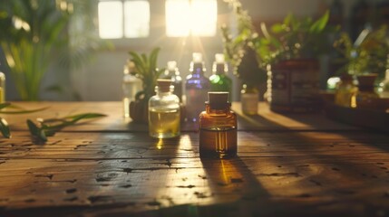 Bottles of essential oils on a rustic wooden table with sunlight streaming through plants.