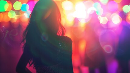 Back view of a woman with party vibes surrounded by colorful bokeh lights at night.