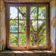 square window with a beautiful view outside