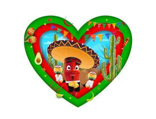 Love Mexico paper cut banner with chili pepper character in sombrero, vector heart shape. Mexican holiday fiesta festival banner with mariachi chili pepper with maracas, avocado and cactus paper cut