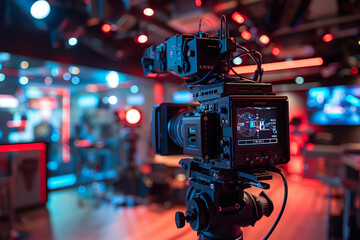 A professional camera captures a lively television studio during a vibrant production at night featuring colorful lighting and dynamic settings