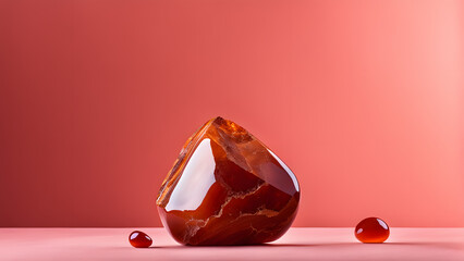A red stone sits on a pink surface with a few drops of liquid nearby