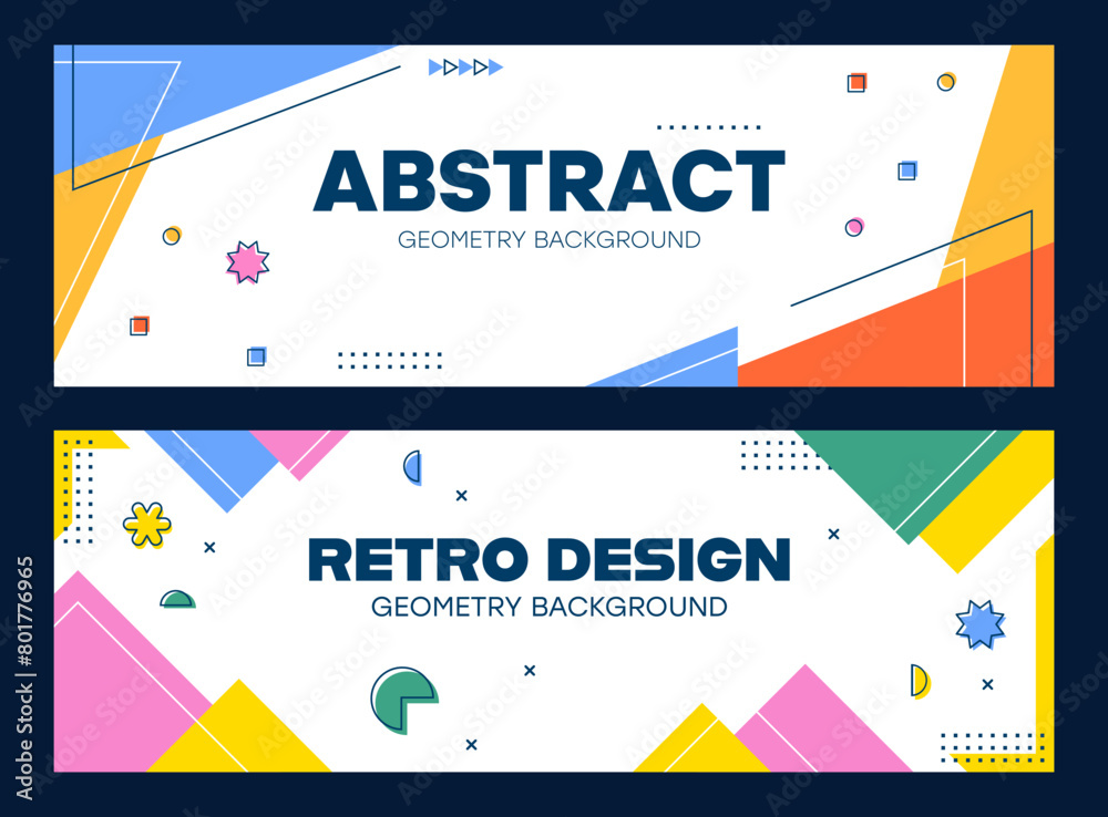 Poster Abstract modern geometric Memphis flyers and banners with minimal shape elements, vector backgrounds. Memphis simple figures and retro futuristic tech shapes of minimalistic waves, circles and stars