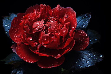 A peony flower in the dark filled with water drops