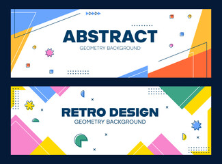Abstract modern geometric Memphis flyers and banners with minimal shape elements, vector backgrounds. Memphis simple figures and retro futuristic tech shapes of minimalistic waves, circles and stars