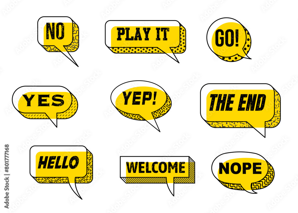 Poster memphis speech bubbles, text banners and balloons, talk, message or dialogue boxes. vector modern gr
