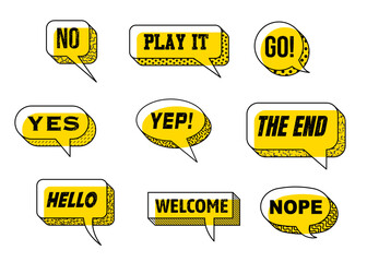 Memphis speech bubbles, text banners and balloons, talk, message or dialogue boxes. Vector modern graphic word frames, minimal geometric memphis speech bubbles with Yes, No, Go, Hello and Welcome text