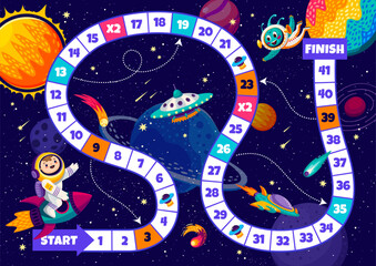 Kids board step game with kid astronaut and space planets. Vector boardgame worksheet with snake path, numbers and cartoon cosmonaut character on rocket, ufo and alien. Educational children riddle