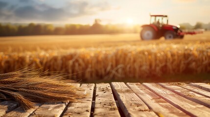wooden table in front of wheat field