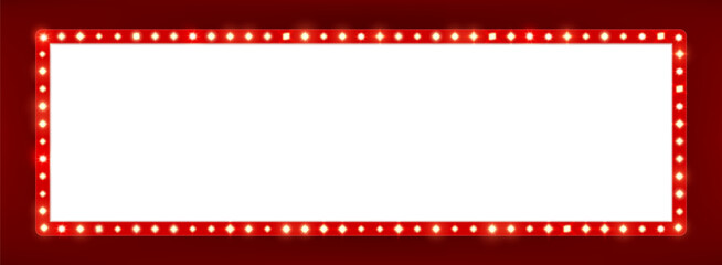 Broadway billboard or casino board and light bulb marquee frame, vector background. Circus or retro movie cinema signboard with lightbulb lamps, vintage marquee red frame for cinema or show billboard