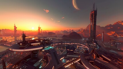  futuristic city at sunrise, with interconnected buildings and pathways  - obrazy, fototapety, plakaty