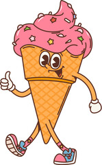 Cartoon retro ice cream cone groovy character or funky gelato dessert, vector comic personage. Happy groovy ice cream with thumb up hand gesture, 70s hippie or hipster art funny fast food character