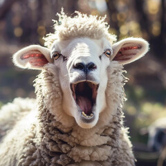 Cute Sheep Is Laughing Loudly Outdoor
