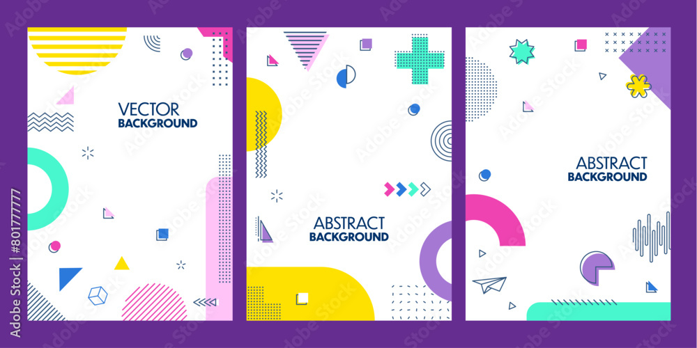 Aufkleber Modern abstract geometric posters with Memphis shapes. Vibrant vector backgrounds, vertical cards design with bold colors and playful patterns, dynamic visual compositions with retro-futuristic flair