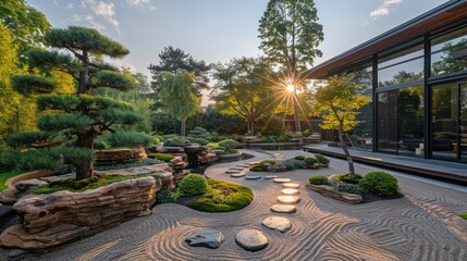 raked gravel zen garden, pruned bonsai trees, inspiration traditional japanese rock gardens