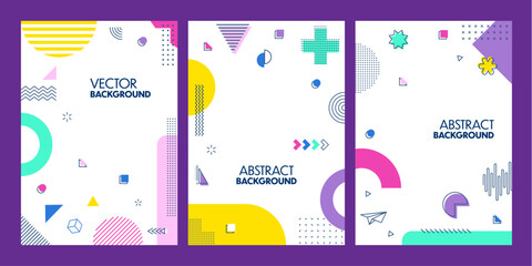 Modern abstract geometric posters with Memphis shapes. Vibrant vector backgrounds, vertical cards design with bold colors and playful patterns, dynamic visual compositions with retro-futuristic flair