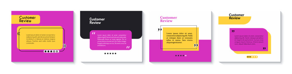 Testimony review template. Customer feedback frames with quotation marks. Vector client testimonial speech boxes, social media post, web banners or comments. Modern style layouts or message borders