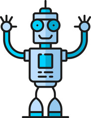Alien retro virtual bot, futuristic robot, game humanoid droid outline color icon. Robotic technology artificial intelligence bot, humanoid robot or future machine vintage droid outline vector icon