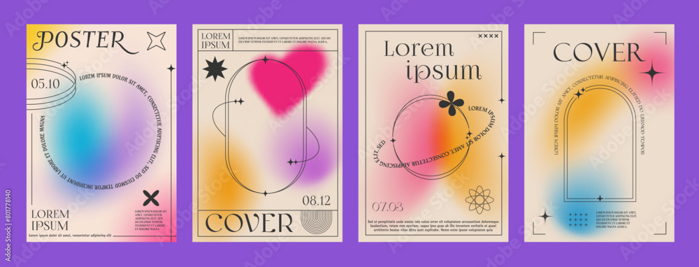 Aufkleber Gradient brutal Y2K posters with aesthetic frames for cover templates, vector backgrounds. Modern pastel color gradient posters with Y2K retro brutal shapes and elements with minimal line frames
