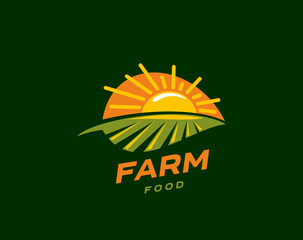 Agriculture farm field icon with rural landscape for organic food, vector emblem. Sun over green field sign for farm market, natural food package or bio farmland and agrarian farming agriculture
