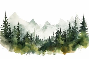 Mountain landscape with pine forest  in watercolour technique