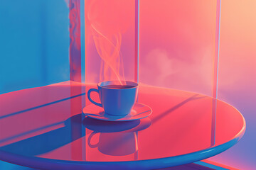 Steam rising from freshly prepared coffee in a cup on a table in pink and blue hue colors 