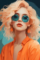 A portrait of a young, beautiful, blonde haired young woman with turquoise sunglasses wearing orange shirt and earrings 